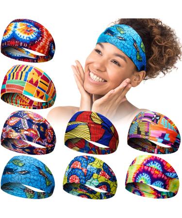 8 Pieces African Headband Stretchy Boho Print Headband Yoga Sports Workout Wide Headwrap Elastic Twisted Knot Turban Hairband for Women Girls Hair Accessories