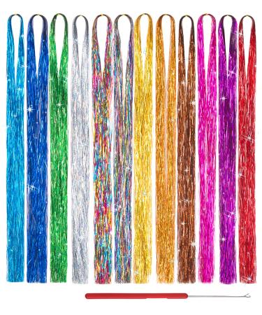 47 Inch 12 Colors Hair Tinsel With Tool Sparkling Dazzle Glitter Shiny Extensions Silk Tinsel(47 inch 12 Color 2400 Strands ) set1(1 tool)