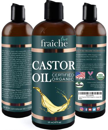 Live Fraiche USDA Organic Cold Pressed Castor Oil (16oz)  100% Pure  Hexane-Free Castor Oil - Moisturizing & Healing  For Dry Skin  Hair Growth - For Skin  Hair Care  Eyelashes - Caster Oil