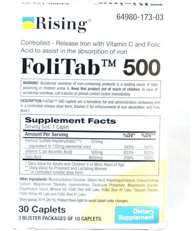FoliTab 500 Iron Supplement with Vitamin C and Folic Acid - 30 Caplets/Box - Buy Online on GoSupps.com
