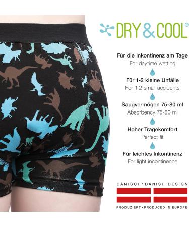 Dry & Cool Daily Incontinence Brief for Kids | Washable Absorbing Underwear - Dino Design (134-140 cm 9-10 Years) - Black/Green/Blue - Buy Online on GoSupps.com