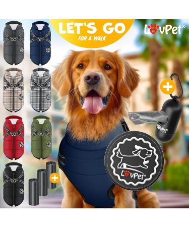 Lovpet Dog Jacket & Coat - 45 Feces Bags Included | Waterproof Padded Winter Vest with Reflectors & D-Ring | 2XL Navy Blue - Buy Online on GoSupps.com
