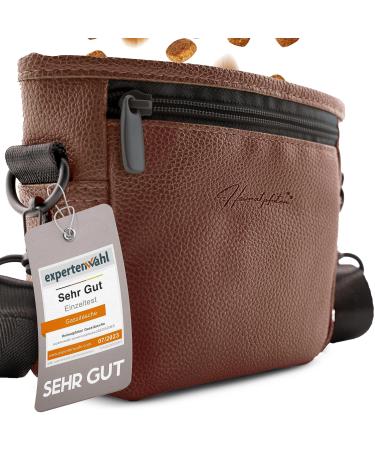 Heimatpfoten Feeding bags for dogs made of leather imitation-walking flassi with one-hand magnetic closure dog-geckerli bag ... S dark brown