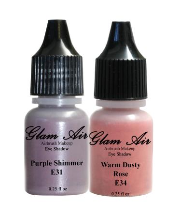 Set of Two (2) Shades of Glam Air Airbrush Eye Shadow Makeup E31 Purple Shimmer and E34 Warm Dusty Rose Water-based Formula Last All Day (For All Skin Types) 0.25oz Bottles