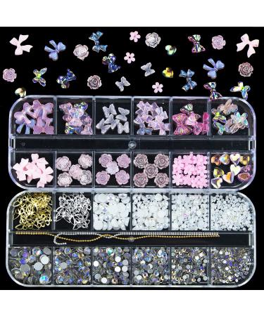 3D Pink Flower Heart Nail Charms Acrylic Pink Bowknot Butterfly Bear 3D Nail Art  Starry AB Crystal Rhinestones Pearls Gold Metal Butterfly Nail Stud Charms for Manicure DIY Crafts Accessories S3-pink