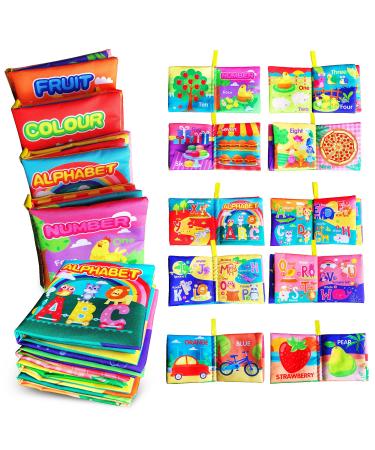 AMINFUN Soft Cloth Baby Book Toy Colorful Fabric Baby Learning Book(ABC-Z Alphabet 123-10 Colour Fruit 4 Pack) Touch and Feel Crinkle Sound Early Educational Toy Gift for Babies Infants Toddlers