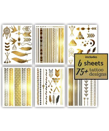 Gold Metallic Temporary Tattoos - 75+ Geometric Henna Designs Moon Stars Arrows Feathers - Waterproof, Non-toxic, Long Lasting - Ideal for Beach, Festivals & More! - Buy Online on GoSupps.com