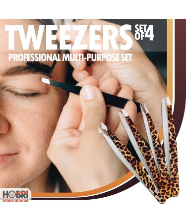 Professional Stainless Steel Eyebrow Tweezers Set - 4 Pieces with Travel Case | Leopard Style - Beauty and Personal Care Tool - Buy Online on GoSupps.com