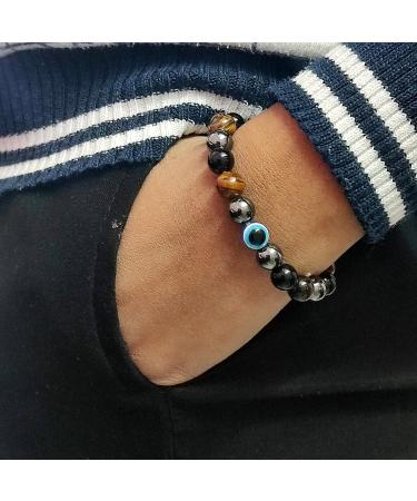 Triple Protection Bracelet: Natural Black Obsidian Hematite & Tiger's Eye Crystals with Evil Eye for Men & Women - Buy Online on GoSupps.com