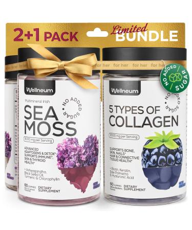 Collagen and Sea Moss Gummies Bundle - Collagen Peptides Irish Sea Moss Biotin Keratin Bladderwrack - Gummy Supplement for Immunity Detox Healthy Hair Skin and Nails - for Men and Women