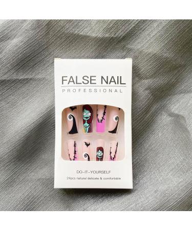 French Tip Halloween Press-On Nails | Pink Matte False Nails with Spider Web Skull & Bat Designs Full Cover Stick-On Nails for Women & Girls - Buy Online on GoSupps.com