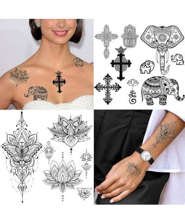 EGMBGM 28 Sheets Tribal Black Temporary Tattoos for Women - Waterproof Fake Tattoos with Owl, Elephant, Ganesha, Lace, Indian Bohemia Lotus Mandala Flower Designs - Underboob, Boobs, Moon Neck Tattoo Stickers for Adults - Buy Online on GoSupps.com