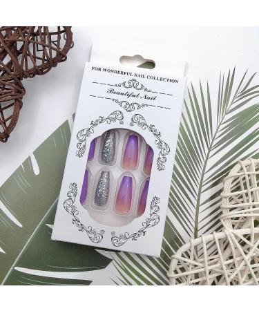 Sequin Purple Medium Coffin Fake Nails - 24pcs Full Cover Stick on Nails with Glue for Women - Buy Online on GoSupps.com