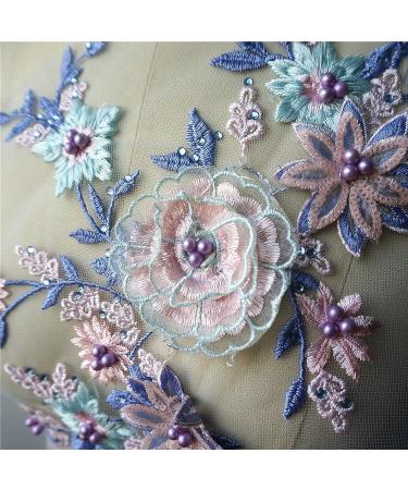 IXUEYU Lace Fabric 3D Flowers Appliques with Beads & Rhinestones - DIY Wedding Decor Dress Patch (Blue + Purple) - Buy Online on GoSupps.com