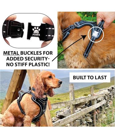 Elite Paws UK Premium Metal Buckle Dog Harness - Black Medium | Adjustable, Reflective, Padded Comfort | Front/Back Lead Attachments | Soft Handle Pet Walking Vest - Buy Online on GoSupps.com