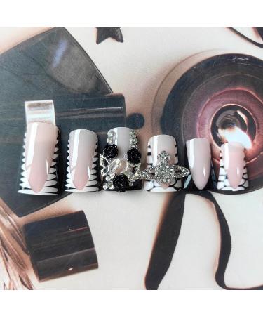 White Duck Nails: Press-On Black French Tips with Rhinestone Design - Duck Feet Style Acrylic Manicure Kit for Women - Buy Online on GoSupps.com