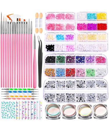 FANDAMEI Nail Art Brushes Set Nail Art Kit Nail Design Kit Nail Dotting Tools Nail Kit for Beginners Chrome Nail Powder Nail Stickers Nail Rhinestones Nail Charms Gems Nail Art Decoration Kit