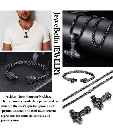 Jewebella Thor's Hammer Necklace & Viking Wolf Head Bracelet Set for Men | Mjolnir Stainless Steel Jewelry - Buy Online on GoSupps.com
