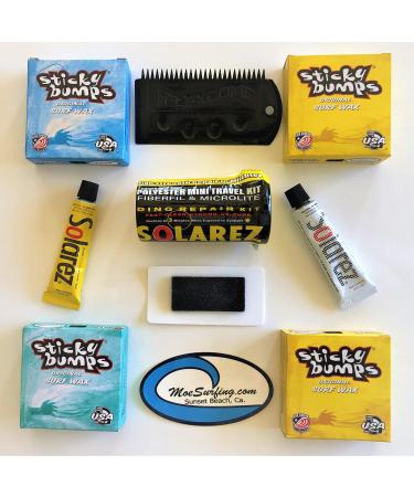 Sticky Bumps Wax plus Solarez UV Cure Resin Ding Repair Kit and 2 Bars of Tropical Wax, 1 Bar Base Coat, 1 Bar Cool Wax and a Flexcomb to Clean Your Board