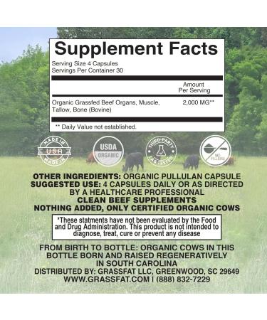 Grassfat USDA Certified Organic 100% Grassfed Cows Beef Organs Supplement + Cow Bone & Muscle and Tallow - Whole Cow, No BS with Nothing Added - Made in The USA - Premium Blend - 30 Servings 120 Count (Pack of 1) - Buy Online on GoSupps.com
