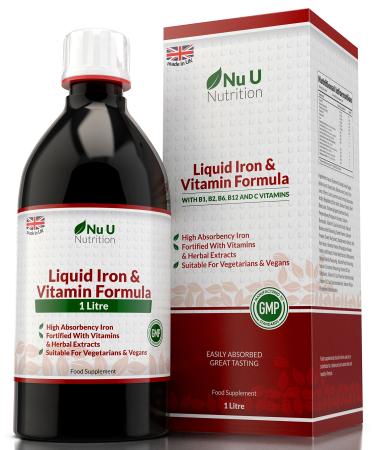 Liquid Iron Supplement 1 Litre | 50 Day's Supply | Fortified with Vitamins and Herbal Extracts | Includes Vitamin B2 B6 B12 & Vitamin C | Great Tasting Vegetarian & Vegan Liquid Iron by Nu U Nutrition