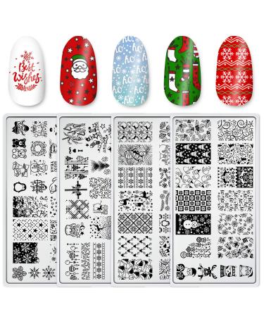 4 Pieces Christmas Nail Art Stamping Plates with Snowflakes Snowman Christmas Tree Santa Image Stamp Templates Kit DIY Stainless Steel Nail Image Polish Template Kit Manicure Stencils Tools