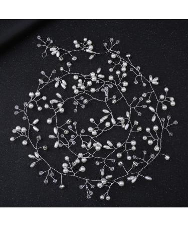 Wedding Hair Vine  Fanvoes Silver Pearl Hair Accessories Pieces Headband Baby Breath Vintage Headpiece Jewelry Decorations for Brides Bridal Bridesmaid Women Girls w/ Rhinestone Crystal Ivory Bead 40'' 40 Inch (Pack of 1...