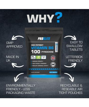 Vitamin B6 100mg - 240 Vegan Tablets 7000% Nrv Dose High Strength B6 Vitamins Contributes to Healthy Metabolism Reduction of Tiredness Normal Immune & Nervous System Function PROELITE - Buy Online on GoSupps.com