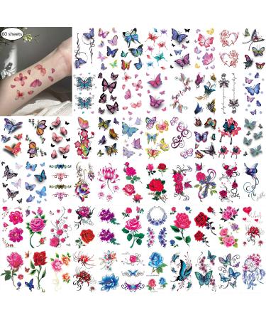 60 Sheets Waterproof Flower 3D Butterfly Fake Temporary Tattoo Sticker for Girl Lady Women