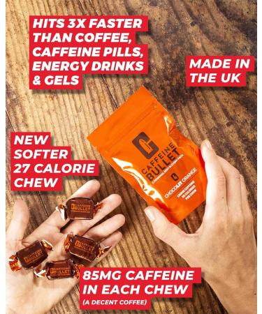 Caffeine Bullet Energy Chews - Chocolate Orange. 4 * 85mg Caffeine Sweets - Faster Kick Than Pills Gels and Gum. Sport Science for Running Cycling Gaming & A Pre Workout Endurance Boost. 1 Packet - 4 Energy Chews - Buy Online on GoSupps.com
