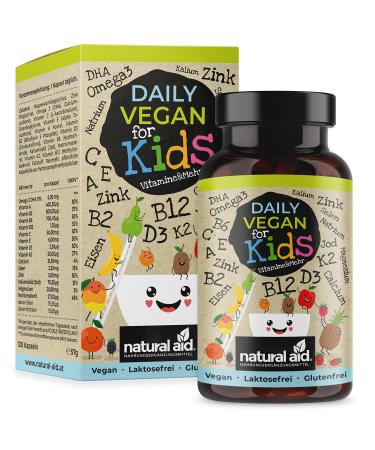 Natural Aid Daily Vegan for Kids - Vitamins with B12 + D3 + K2 + Omega3 + B6 + A + C + E + Calcium + Magnesium + Iron + Zink + Potassium + Jod + Sodium + Selen - 120 Capsules (4 month supply))) - Buy Online on GoSupps.com