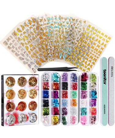 8 Sheets Butterfly Nail Art Stickers for Acrylic Nails, Teenitor Nail Art Decorations with Acrylic Nail Sticker Decals Nail Glitter Sequins Butterfly Heart Nail Rhinestones Nail Art Foil Flakes
