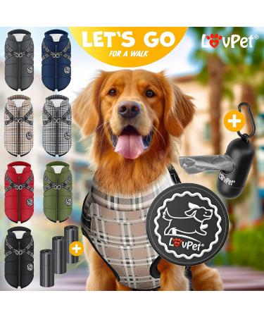 LOVPET Dog Jacket & Coat - Waterproof Padded Winter Vest with 45 Feces Bags & D-Ring - 3XL Beige - Ultimate Comfort & Safety for Dogs - Buy Online on GoSupps.com