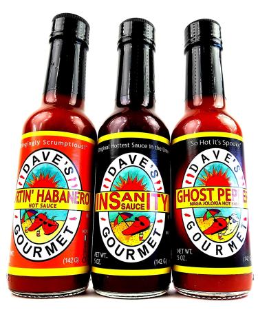 Dive into Heat with Dave's Insanity Sauces 3-Flavor Variety Pack - Insanity, Hurtin Habanero, Ghost Pepper | 5 oz Bottles | BlackTie Box | 3 Items - Buy Online on GoSupps.com