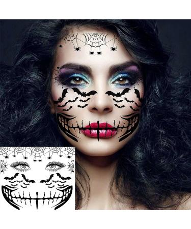 Scary Halloween Face Temporary Tattoos - 4 Sheets for Women, Men, Kids, and Adults | 3D Witch, Zombie Makeup Kit | Dia de los Muertos Face Tattoos with Spider Web, Bat, and Scar Designs - Buy Online on GoSupps.com