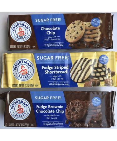 Voortman Sugar-Free Cookies, Fudge Brownie Chocolate Chip/Fudge Striped Shortbread/Chocolate Chip/ Chocolate Lovers 3 pack BUNDLE 8oz-11oz each 3 Piece Assortment