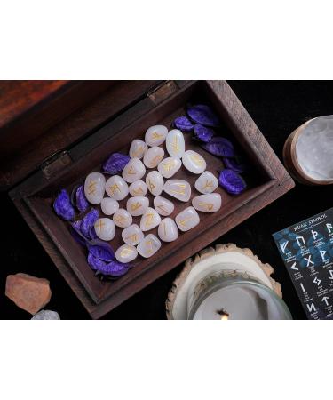 Rose Quartz Gemstone Rune Stones Set | Elder Futhark Alphabet Engraved | 25pcs for Feng Shui, Reiki, Chakra Healing | 15-20mm - Buy Online on GoSupps.com