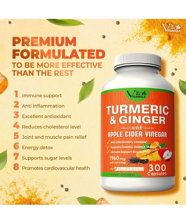 Premium Turmeric Curcumin with Ginger & Apple Cider Vinegar Supplement - 1960mg, 300 Capsules - Joint Pain & Inflammation Relief with Black Pepper for Enhanced Absorption - Buy Online on GoSupps.com
