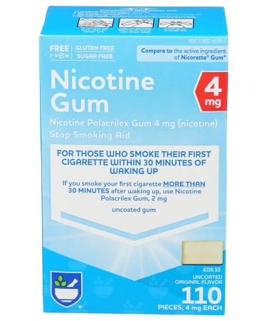 Rite Aid Nicotine Gum, Original Flavor, 4 mg - 110 Count | Quit Smoking Aid | Nicotine Replacement Gum| Stop Smoking Aids That Work Quick | Chewing Gum to Help You Quit Smoking | Uncoated Nicotine Gum