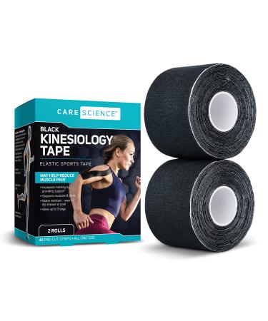 Care Science Waterproof Kinesiology Tape, 40 ct Precut Strips (2 Rolls), Black | Elastic Sports & Weightlifting Tape Supports Muscles & Joints. Water Resistant