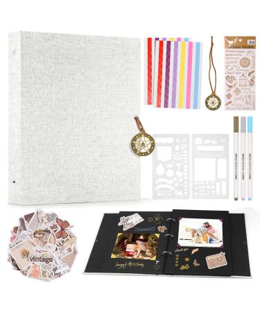 DazSpirit Linen Scrapbook 26x21cm Photo Album for DIY with 60 Pages Adhesive Photo Album Including 3 Metallic Color Markers Painting Stencils Various Stickers Memory Book for Family (White)