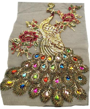 IXUEYU Sequin Peacock Rainbow Rhinestone Feather Tail Embroidered Gown Appliques Lace Fabric in Black - Perfect for DIY Wedding Decoration - Buy Online on GoSupps.com