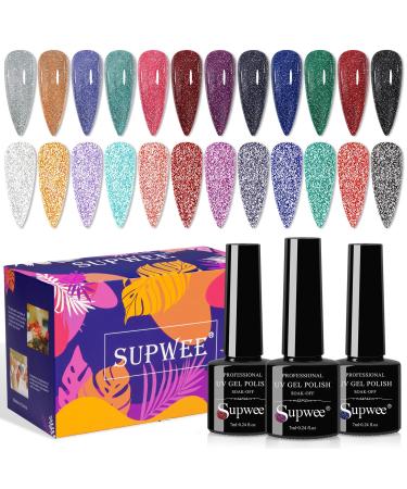 Supwee Reflective Glitter Gel Nail Polish Set 12 Colors Shiny Disco Gel Polish Sparkling Glitter Holographic Nail Polish Soak Off UV Gel Manicure Kit Nail Art Salon