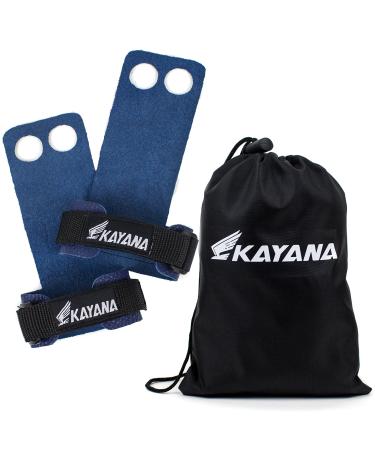 KAYANA 2 Hole Leather Gymnastics Hand Grips - Palm Protection and Wrist Support for Cross Training, Kettlebells, Pull ups, Weightlifting, Chin ups, Workout, & Exercise Blue Large