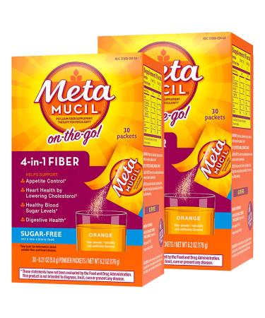 Metamucil On-the-Go Psyllium Husk 4 in 1 Fiber Supplement for Digestive Health, Sugar Free, Orange Flavored, 30 Count (Pack of 2) Metamucil OTG (NEW)