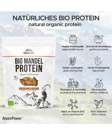 Alpenpower Organic Almond Protein Powder 600g | Vegan Gluten-Free 50% Protein | Rich in Calcium & Vitamins | 100% Organic Almonds - Buy Online on GoSupps.com