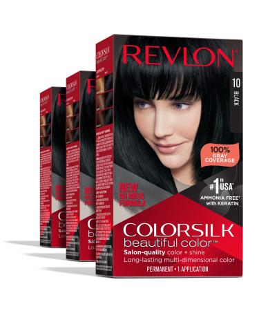 Permanent Hair Color by Revlon, Permanent Black Hair Dye, Colorsilk with 100% Gray Coverage, Ammonia-Free, Keratin and Amino Acids, Black Shades, 10 Black (Pack of 3) - Buy Online on GoSupps.com