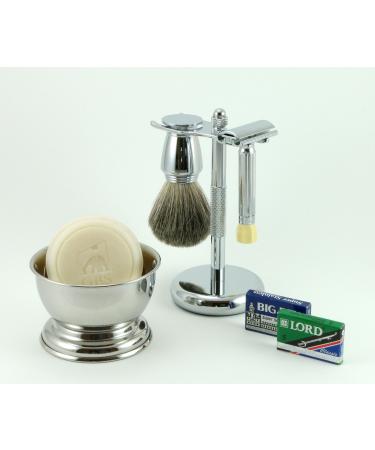 G.B.S Men s Classic Shaving Set Safety Razor Chrome Bowl Natural Shaving Soap Pure Badger Brush Stand for Razor and Brush and Blades
