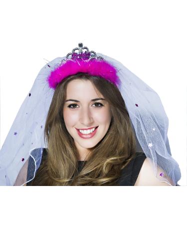 Bride To Be Pink Fluffy Tiara with Luxury Veil and Iridescent Stars