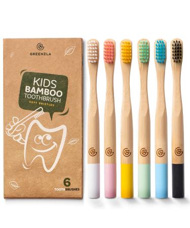 Greenzla Kids Bamboo Toothbrushes (6 Pack) | BPA Free Soft Bristles Toothbrushes | Eco-Friendly, Natural Bamboo Toothbrush Set | Biodegradable & Compostable Charcoal Wooden Toothbrushes